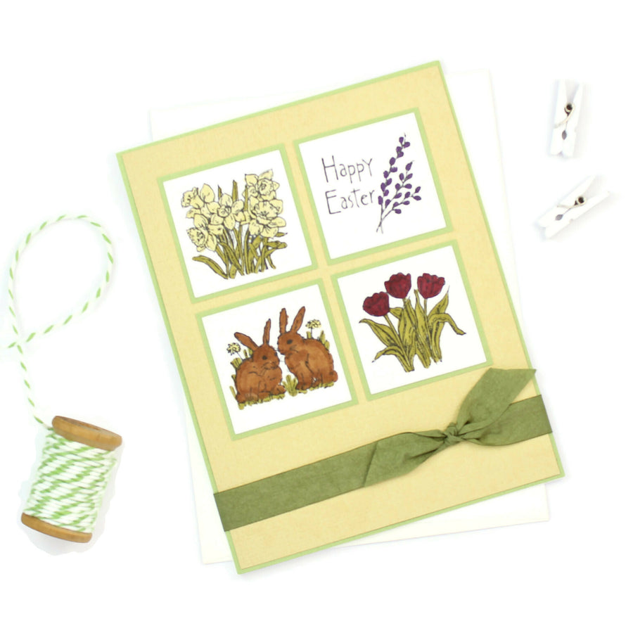 Easter Greeting Card - Happy Easter - Handmade Easter Card with Bunnies Flowers Tied with Ribbon - Embellish by Jackie