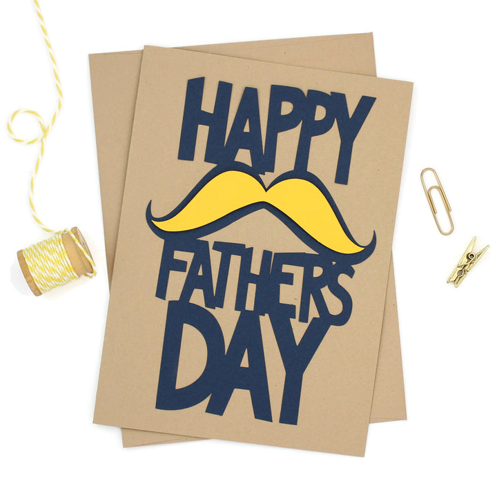 Mustache Fathers Day Card Handmade Greeting Card for Fathers Day Card for Happy Father's Day Card Kraft Paper 5x7 Blue and yellow Dads Day