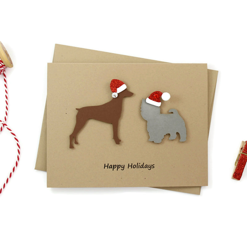 2 Pets Custom Christmas Greeting Card | Handmade Cat or Dog Breed with Santa Hat | Choose your Pet color Front and Inside Phrases
