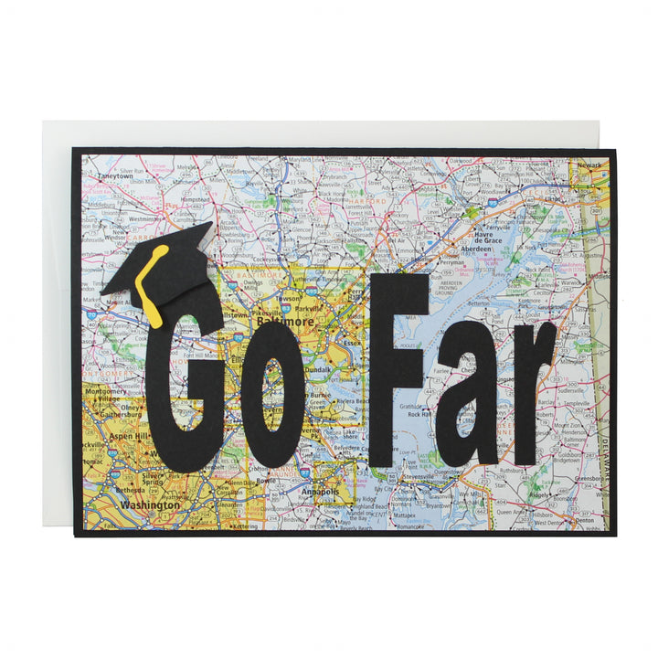 Custom Map Graduation Card | Handmade Go Far Congratulations Greeting Card | Choose Base Color Map Location Inside Phrase | 5x7 card - Embellish by Jackie