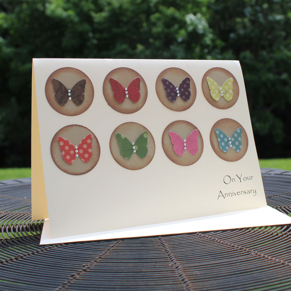 Handmade Wedding Anniversary Greeting Card with kraft Circles and Colorful Butterflies Gem - Embellish by Jackie