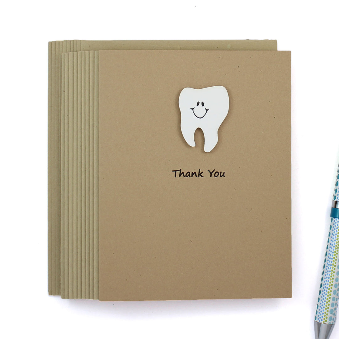 Tooth Thank You Notecard | Handmade Dentist Greeting Cards | Tooth with Smile | Single or 10 Pack | Choose Front and Inside Phrases