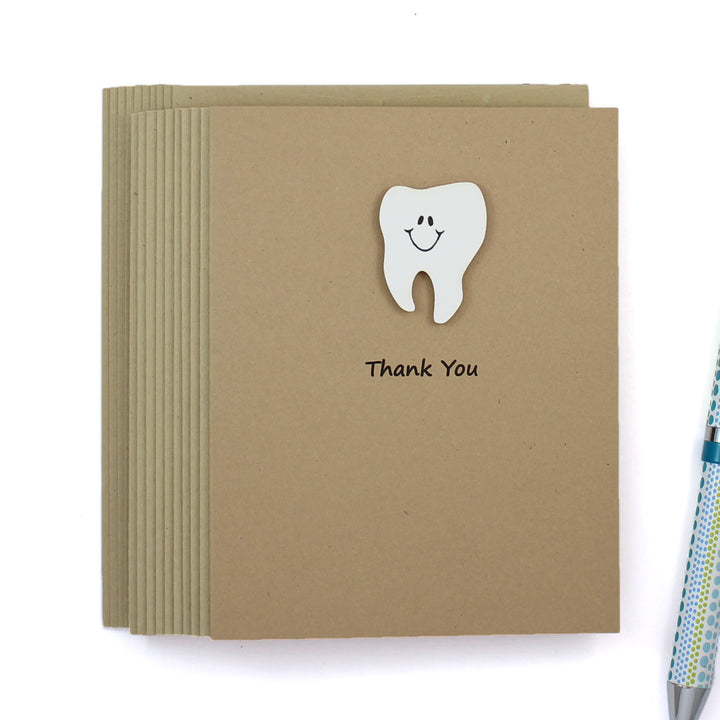Tooth Thank You Notecard | Handmade Dentist Greeting Cards | Tooth with Smile | Single or 10 Pack | Choose Front and Inside Phrases