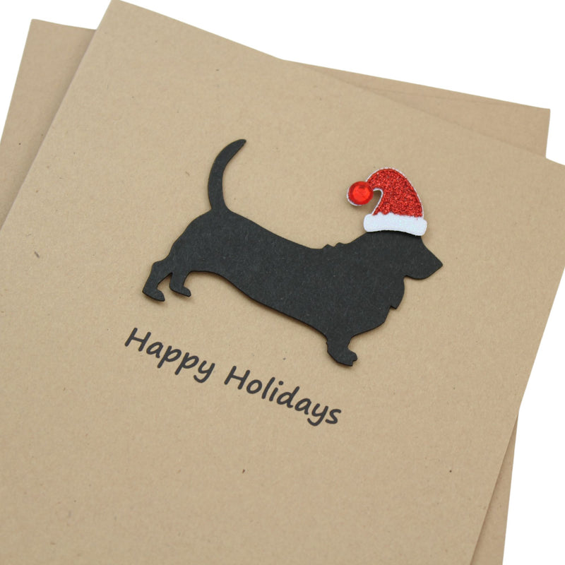 Basset Hound Christmas Card | Single or Pack of 10 | 25 Dog Colors | Choose Phrases | Santa Hat