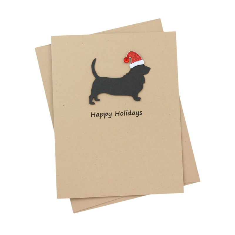 Basset Hound Christmas Card | Single or Pack of 10 | 25 Dog Colors | Choose Phrases | Santa Hat