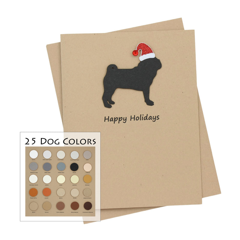 Pug Christmas Card | Single or Pack of 10 | 25 Dog Colors | Choose Phrases | Santa Hat