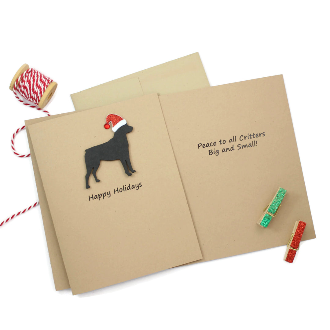 Rottweiler Christmas Cards | Single or Pack of 10 | Black dog with Santa Hat | Rottie Holiday Notecards - Embellish by Jackie - Handmade Greeting Cards