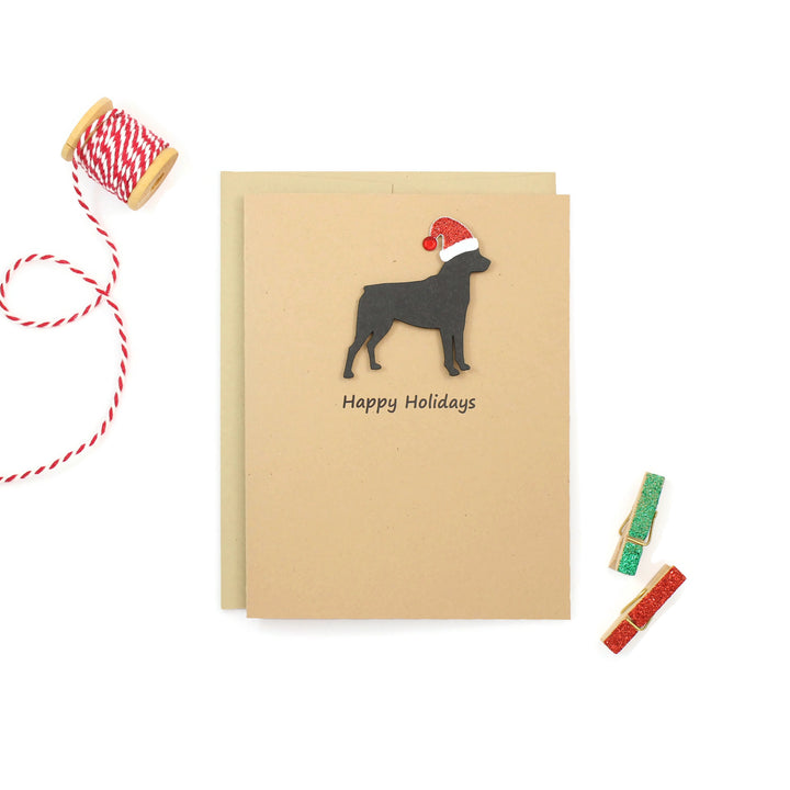 Rottweiler Christmas Cards | Single or Pack of 10 | Black dog with Santa Hat | Rottie Holiday Notecards - Embellish by Jackie - Handmade Greeting Cards
