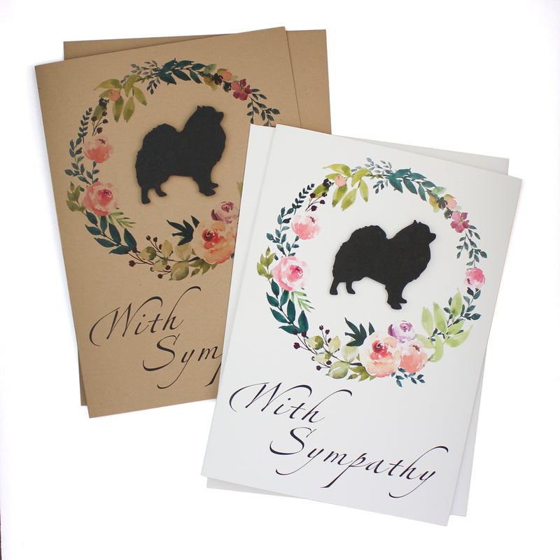 Pomeranian Floral Wreath Sympathy Card | Pom Black Dog Sympathy Greeting | Handmade 5x7 Pet Condolences Greeting Card | Kraft or White