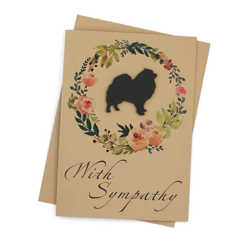 Pomeranian Floral Wreath Sympathy Card | Pom Black Dog Sympathy Greeting | Handmade 5x7 Pet Condolences Greeting Card | Kraft or White