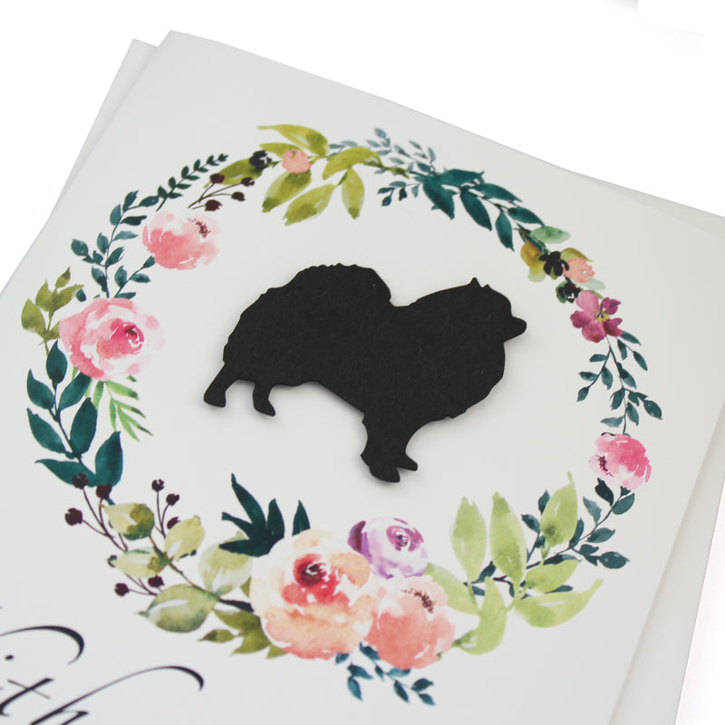 Pomeranian Floral Wreath Sympathy Card | Pom Black Dog Sympathy Greeting | Handmade 5x7 Pet Condolences Greeting Card | Kraft or White