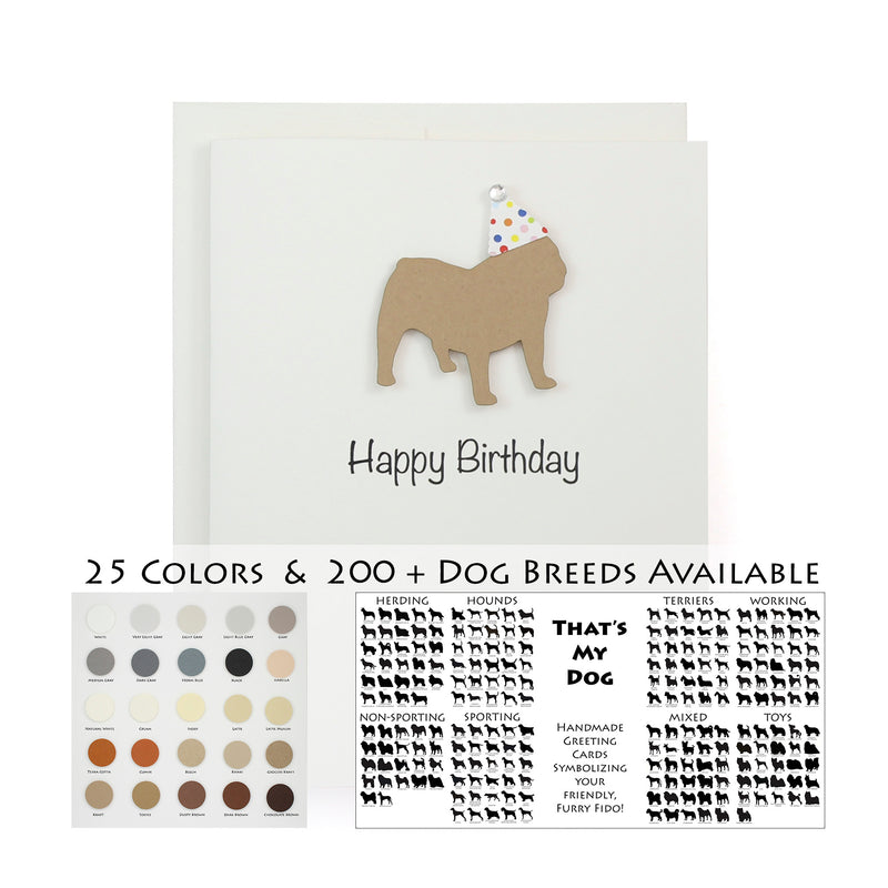 Dog Birthday Card White | 200+ Dog Breeds to Choose from | 25 Dog Colors Available | Choose Inside Phrase | Single Card or 10 Pack| Confetti Party Hat