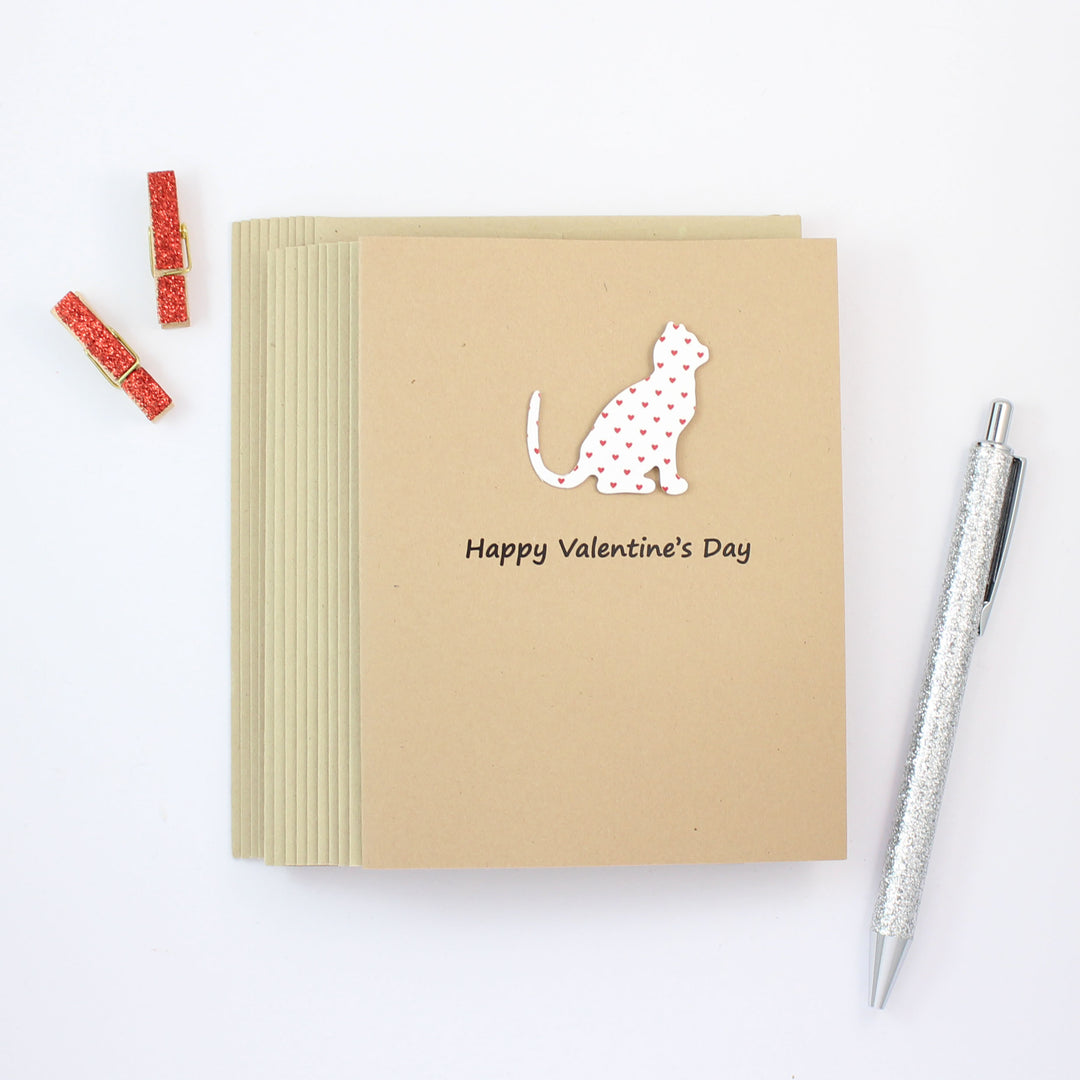 Cat Valentines Day Greeting Card 10 Pack - Small Red Hearts