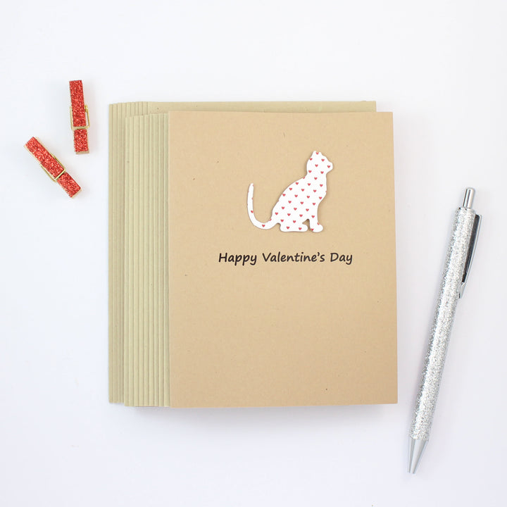 Cat Valentines Day Greeting Card 10 Pack - Small Red Hearts