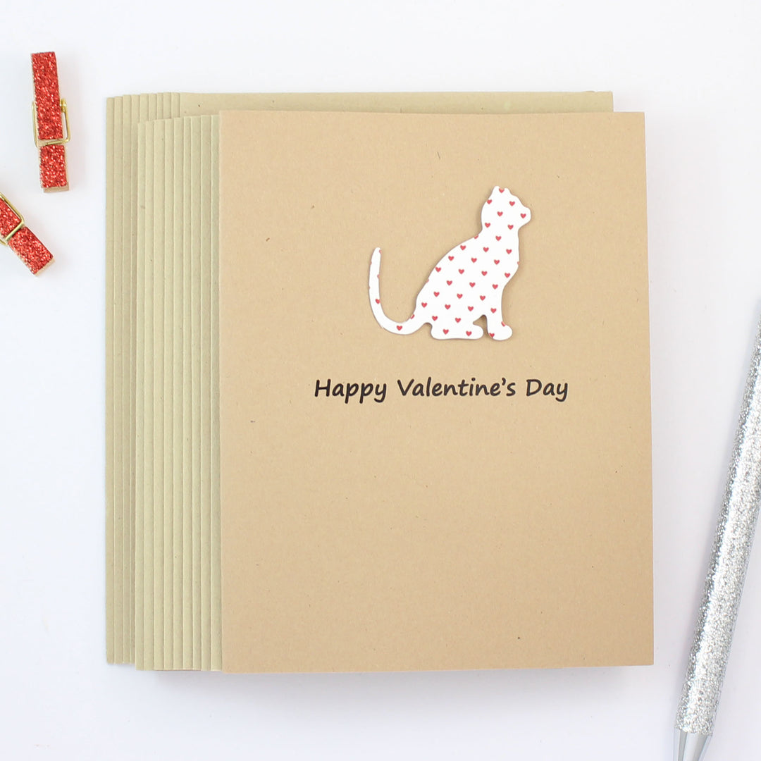 Cat Valentines Day Greeting Card 10 Pack - Small Red Hearts