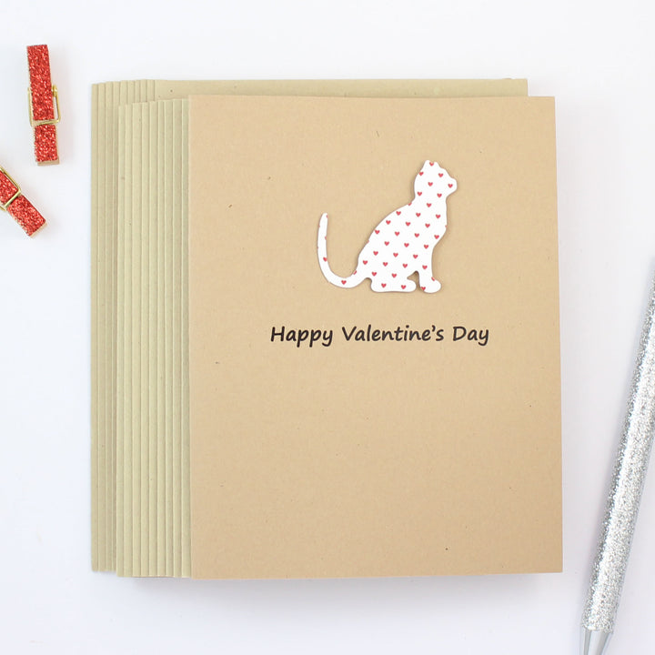 Cat Valentines Day Greeting Card 10 Pack - Small Red Hearts