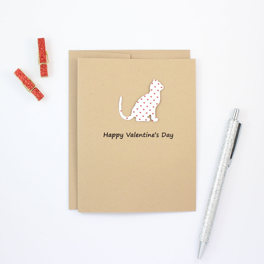 Cat Valentines Day Greeting Card 10 Pack - Small Red Hearts