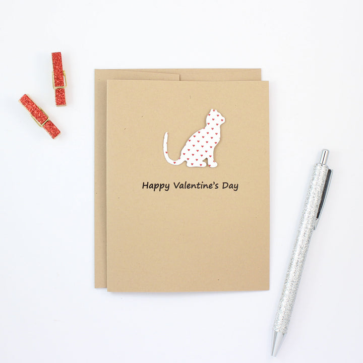 Cat Valentines Day Greeting Card 10 Pack - Small Red Hearts