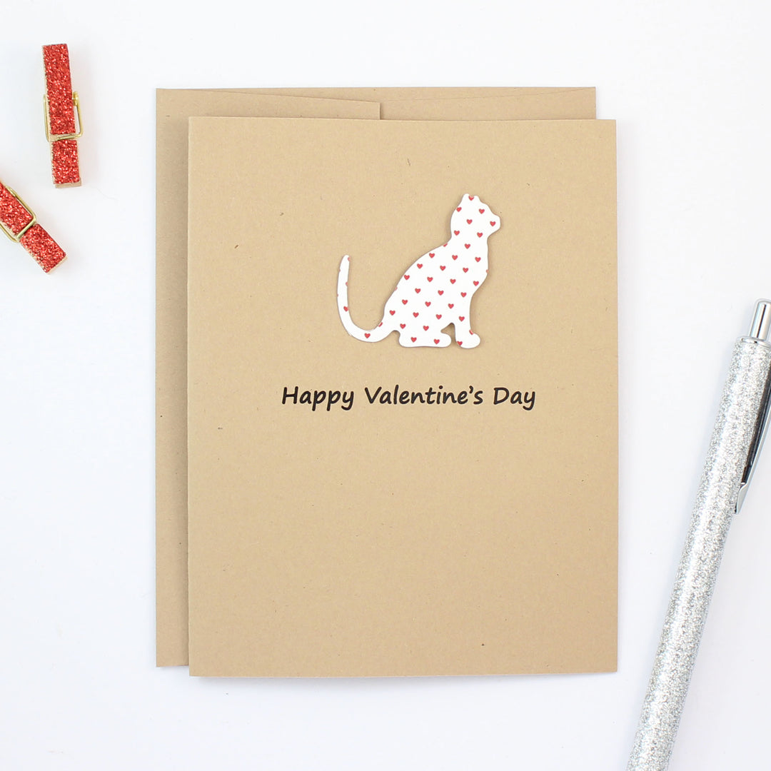 Cat Valentines Day Greeting Card 10 Pack - Small Red Hearts