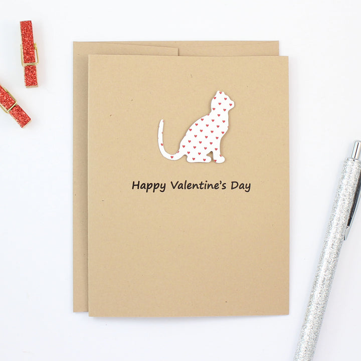 Cat Valentines Day Greeting Card 10 Pack - Small Red Hearts