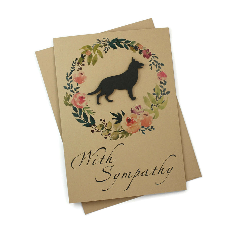 German Shepherd Floral Wreath Sympathy Card | GSD Black Dog Sympathy Greeting | Handmade 5x7 Pet Condolences Greeting Card | Kraft or White