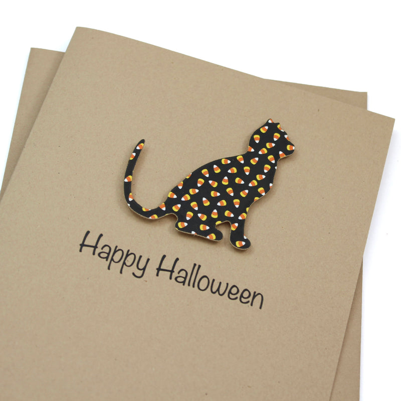 Cat Halloween Greeting Cards Pack of 10 | Pumpkin or Candy Corn Pattern | Handmade Kraft Brown or White Card Base | Blank Inside