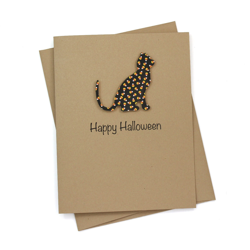 Cat Halloween Greeting Cards Pack of 10 | Pumpkin or Candy Corn Pattern | Handmade Kraft Brown or White Card Base | Blank Inside