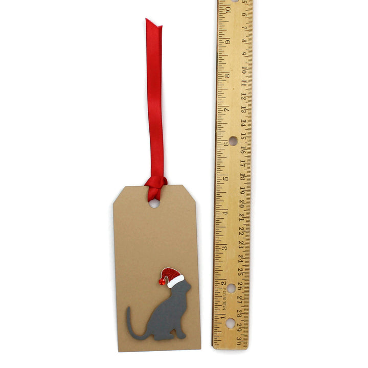 Cat Christmas Gift Tags | Handmade Pet Holiday Tags Pack of 6 | 25 Cat Colors | 6 Ribbon Twine Options | Cat with Santa Hat | White or Brown