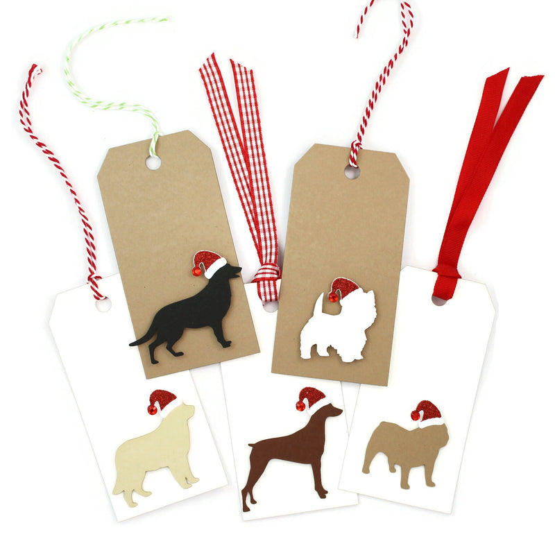 Dog Christmas Gift Tags | 200+ Dog Breeds | Handmade Pet Holiday Tags Pack of 6 | 25 Dog Colors | 6 Ribbon Twine Options |with Santa Hat