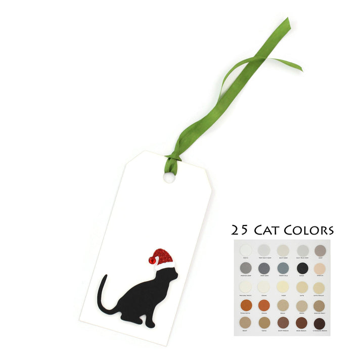Cat Christmas Gift Tags | Handmade Pet Holiday Tags Pack of 6 | 25 Cat Colors | 6 Ribbon Twine Options | Cat with Santa Hat | White or Brown